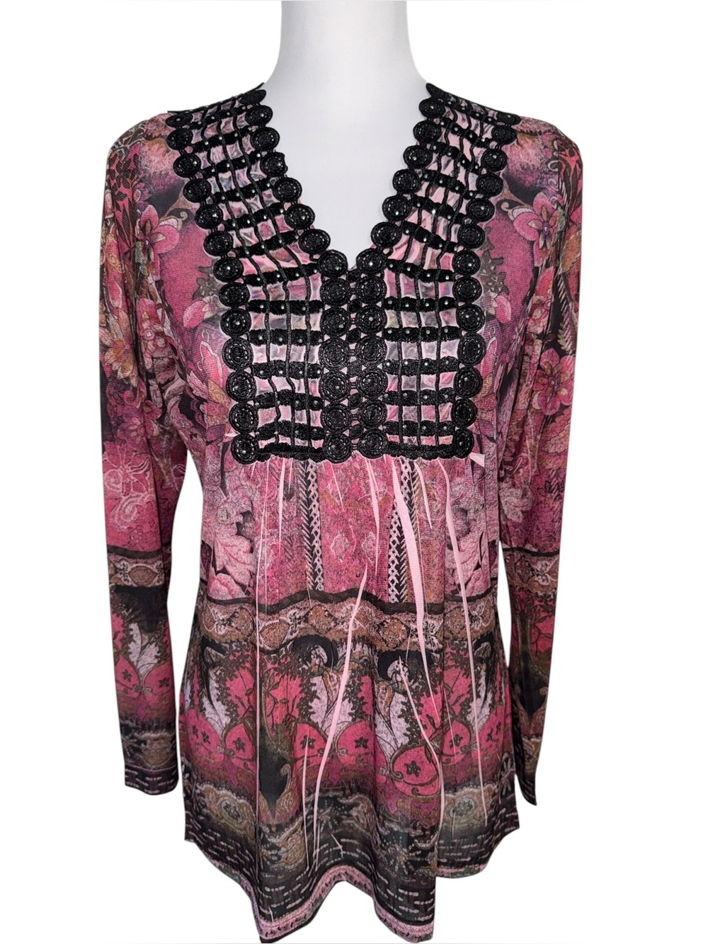 World Unity Women’s Large Pink Floral‎ Crochet Neck Tunic Top Boho Long Sleeve